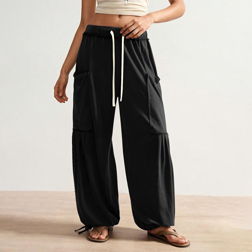 Women's Fashionable Loose Solid Color Elastic Waist Pocket Straight Leg Casual Pants