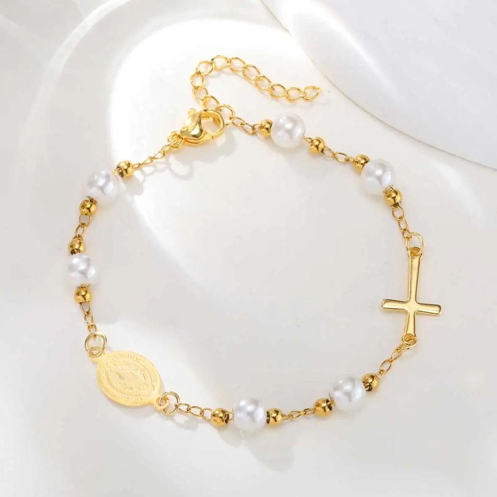 Holy Stainless Steel Cross Benedict Virgin Bracelet,Women's Gold Plated Beaded Chain Bracelets,Trendy Jewelry Gifts