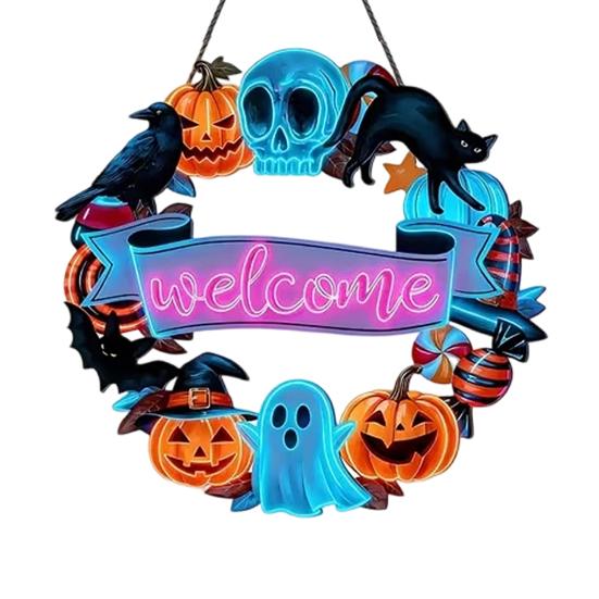 Halloween Wooden Door Sign, Black Cat Pumpkin Skeleton Porch Hanging Decor, Waterproof Outdoor Welcome Sign, Ready to Hang Party Decoration A