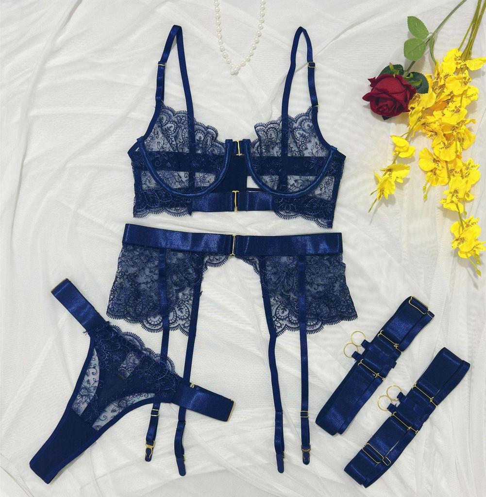 2024 European & American Embroidered Lace Body Shaping Sexy Four-Piece Suit for Women