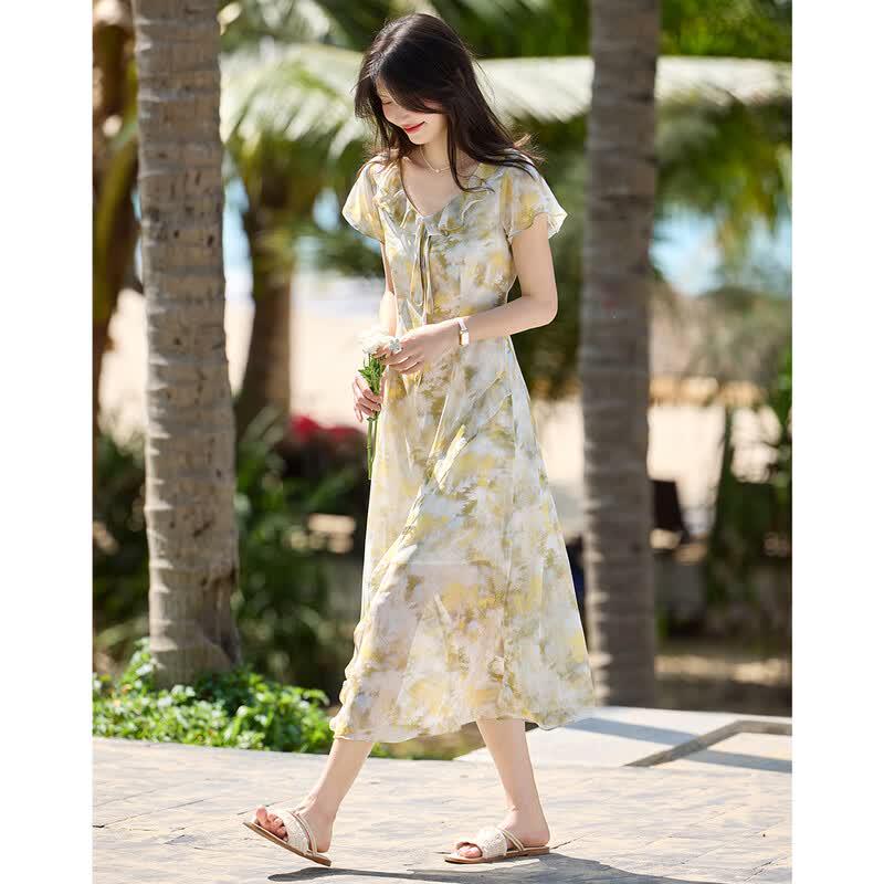 Women s Floral Ruffle V-Neck Mid-Length Dress 2XL