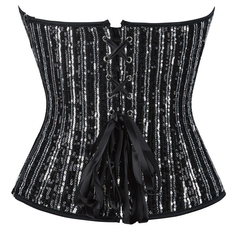 New Style Silver Black Sequin Strapless Bodycon Top with Bra Support Corset Bodysuit for Women