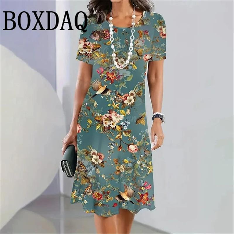 Lady New Dress 3D Printed Short Sleeve Mid-Length Dress Fashion Summer Autumn O-Neck Loose Vintage Dress Elegant Women Clothing