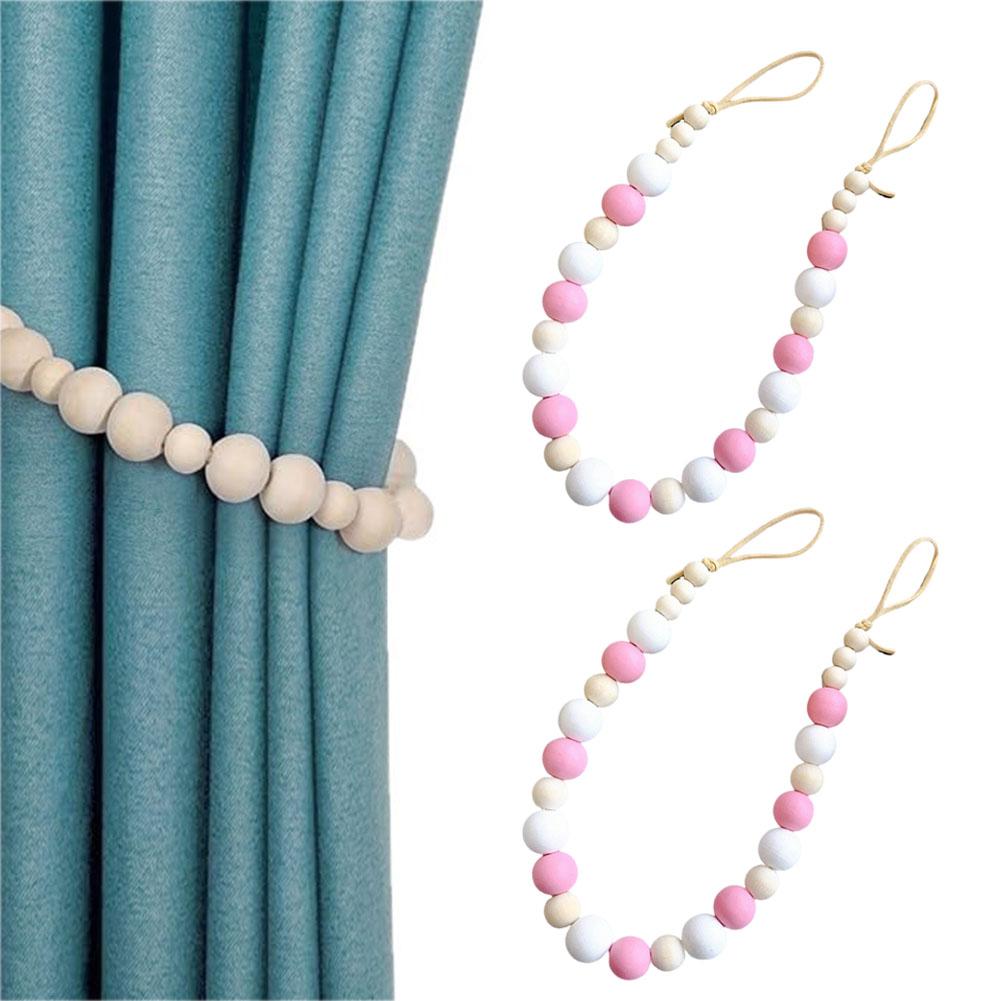 2 Stück/Set Bauernhausstil Holzperlen Vorhang Raffhalter Handgefertigt Einfach zu Installieren Perlenvorhang Schnallen Minimalistisches Dekorationstool