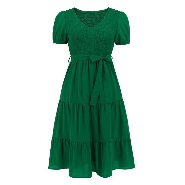 

Bandage Dress Women Flap Short Sleeve Solid Color O Neck Patched Cake Design Slim Fit S