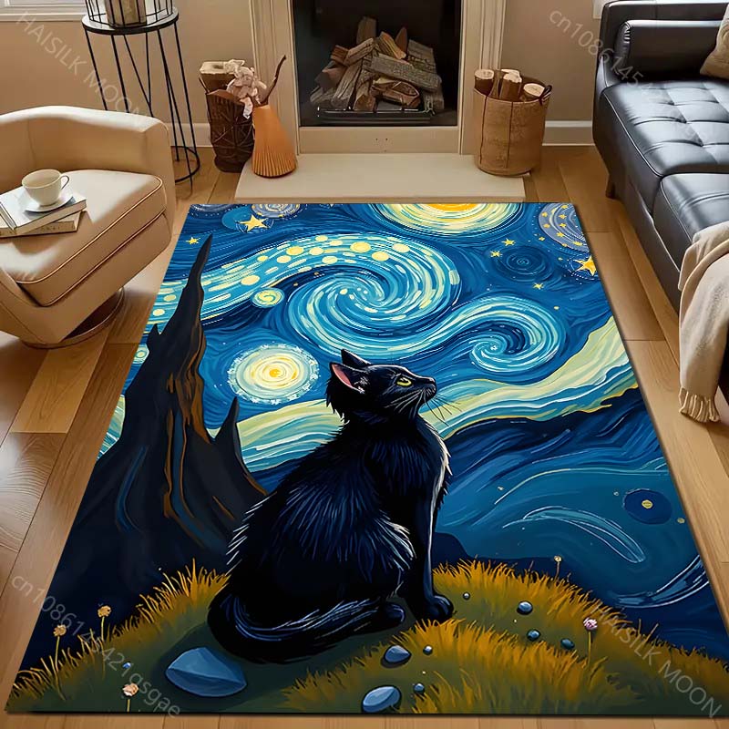 1PC Black Cat Stargazing Night Carpet for Living Room Bedroom Sofa Home Decor Rus Non-slip Floor Mat Luxury Gift
