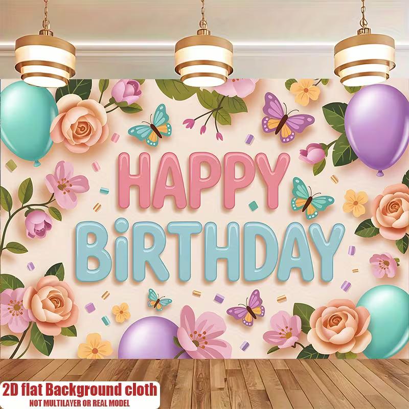 2D Pastel Floral Butterfly Backdrop Happy Birthday for Girls Themed Photo Booth Background 47.2x31.5inch/120*80cm