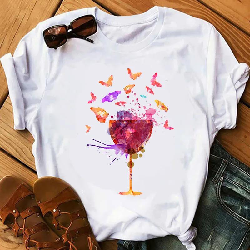 Wine Glass Wine Glass Print Short Sleeve T Shirt Women Vintage Tops Harajuku  Graphic T-shirts Aesthetic Clothes Tee