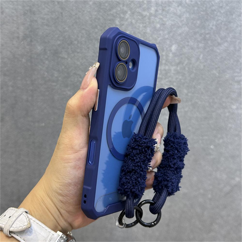 

Противоударный магнитный чехол-ремешок для беспроводной зарядки Magsafe для iPhone 16 11 12 13 14 15 Pro Max Plus, прозрачный чехол For iPhone 13 ProMax&Case & Strap темно-синий