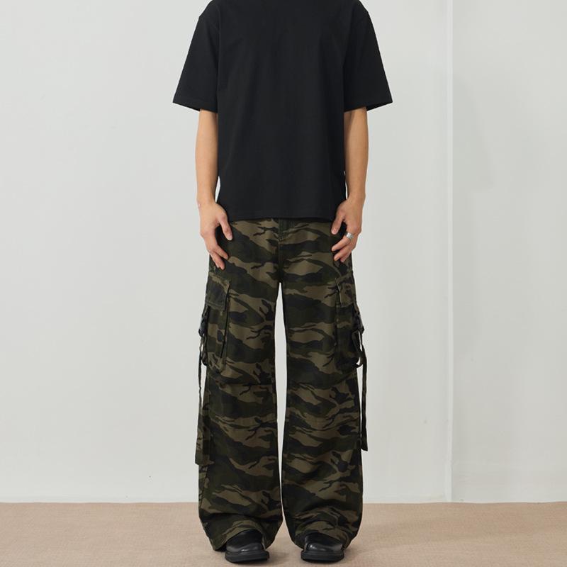 

LKTM Unisex American Retro High Street Camo Pants - Loose Straight-Leg Multi-Pocket Cargo with Row Buttons S (90-105 jin) камуфляжний