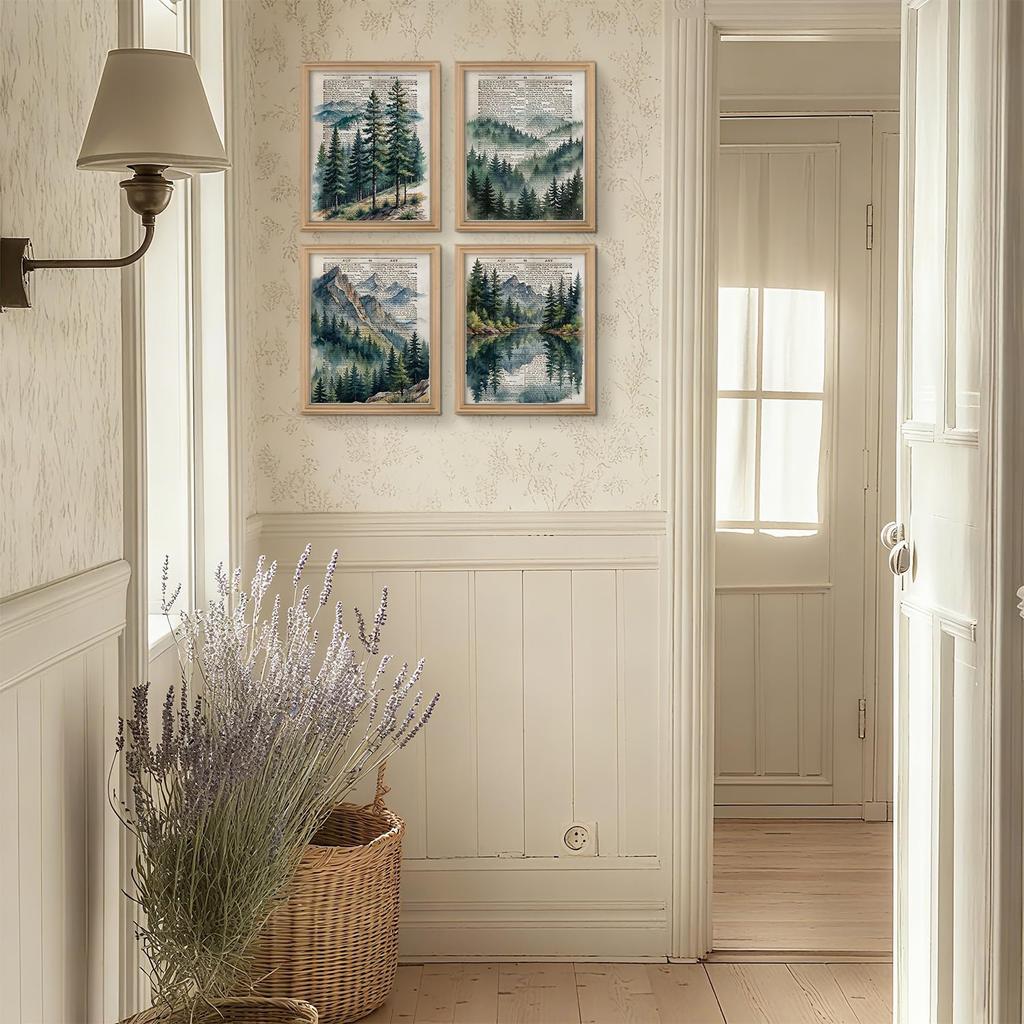 VONTP Green Forest Mountain Wall Art Decor, Nature Woodland Landscape Retro Prints Poster Wall Decor Decorations for Farmhouse Bedroom Bathroom Cabin