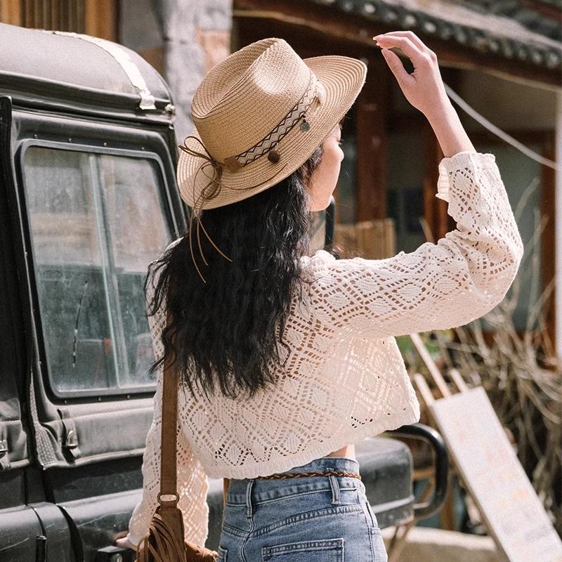 New Fashion Bohemia Style Vacation Straw Hat Women Beach Grassland Travel Retro Cowboy Sun Hat Women'S Wide Brim Panama