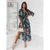 Women Floral Print Maxi Dress V Neck Lantern Sleeve High Waist Split Side Casual Vacation Dress