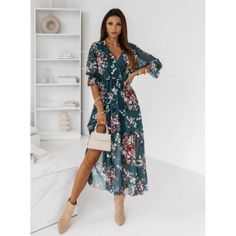 Women Floral Print Maxi Dress V Neck Lantern Sleeve High Waist Split Side Casual Vacation Dress
