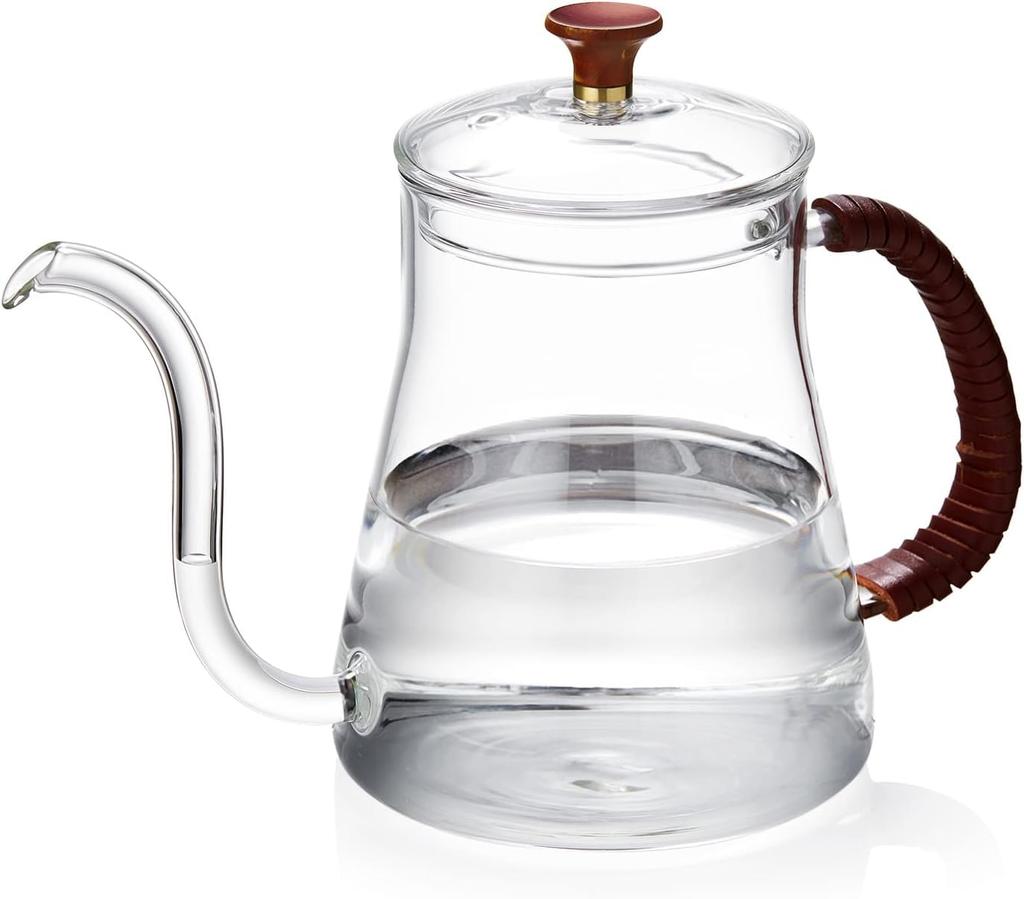 Pokaro Tee-Tropfkanne, Kaffeekessel, Kessel mit schmaler Ausgusstülle, Hitzebeständiges Glas, 680ml, Schwanenhalskanne mit schmaler Ausgusstülle, Kaffeekanne, Herdplattengeeignet,