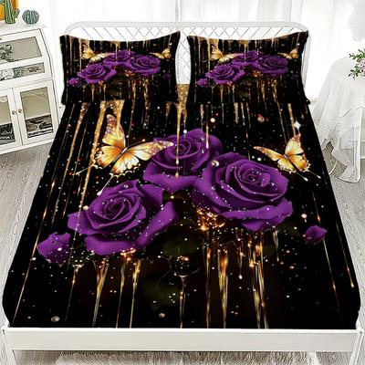 Purple Rose And Butterfly Print Fitted Sheet Set Black With Gold Accents Bedding Set With Pillowcases For Bedroom Decor