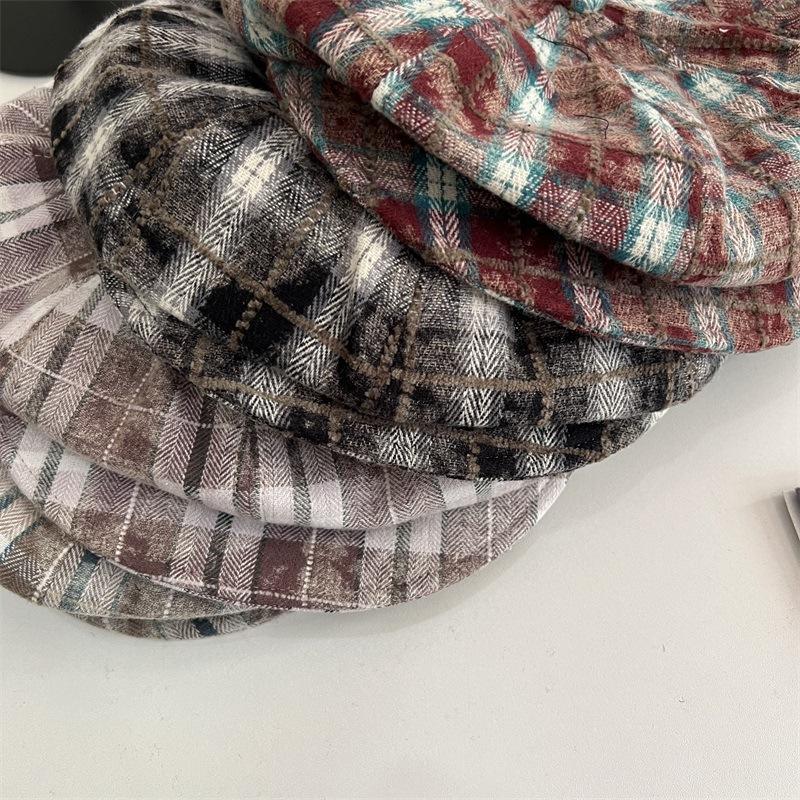 Retro Plaid Forward Hat Female Autumn and Winter Versatile Face Small Painter Newsboy Hat Big Head Circumference Anti-wearing Beret