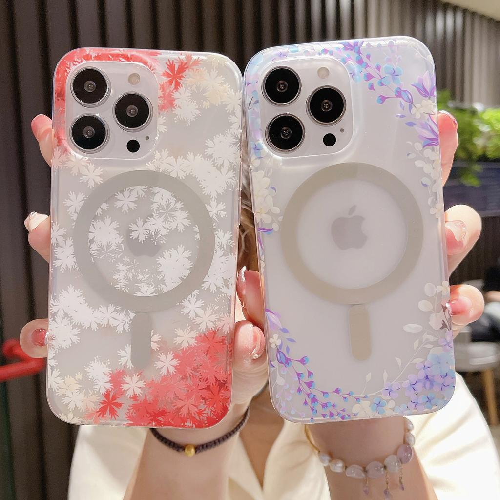 Frosted Skin Flower for IPhone16 Strong Magnetic Phone Case for Apple 14ProMax Print 15