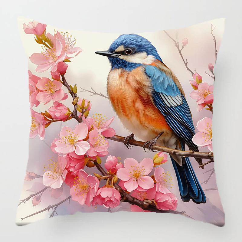 Colorful Bird and Flower Pattern Series Throw Pillow Cover with Short Plush Print for Living Room Sofa Decoration Cushion Cover