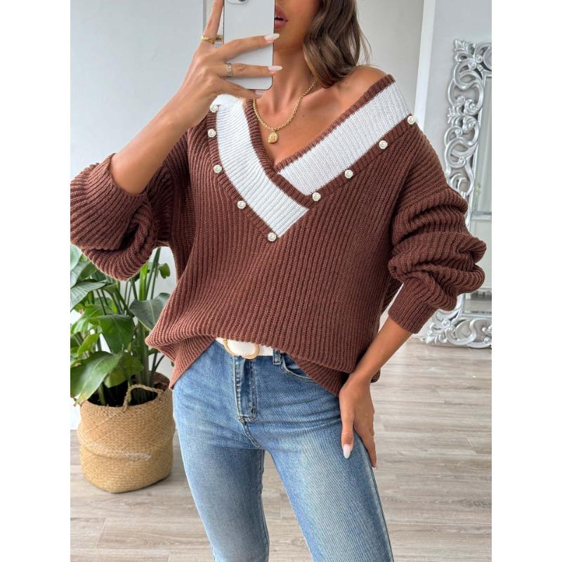 Women S Loose Fit V Neck Beaded Long Sleeve Pullover Sweater