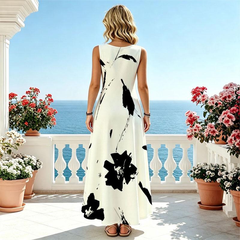 A-Line Maxi Dress,Fashion Elegant Summer Casual Loose Black White Floral Dress,Comfortable,Ideal for Beach Vacation & Travel Photos