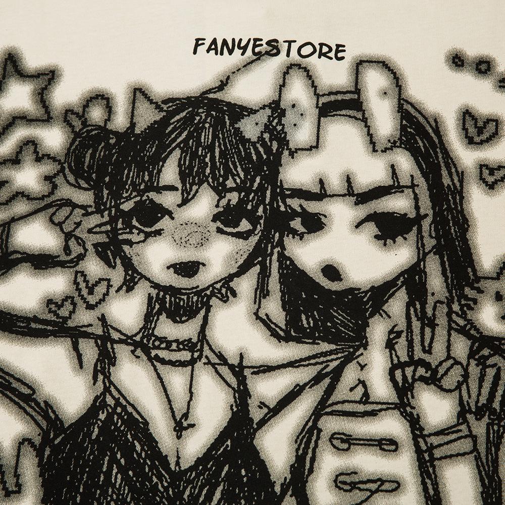 Anime Cartoon Short Sleeved T-shirt for Men and Women Summer High Street Trend Design Sense, Niche Loose Pure Cotton Quarter Sleeved T-shirt