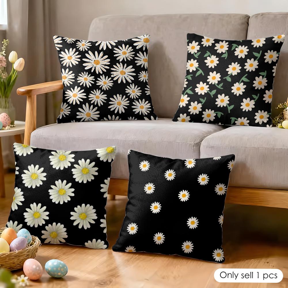 Black Daisy Cushion Cover Soft Plush Fabric DoubleSided Printed Cushion Covers for All Seasons Modern Home Decor
