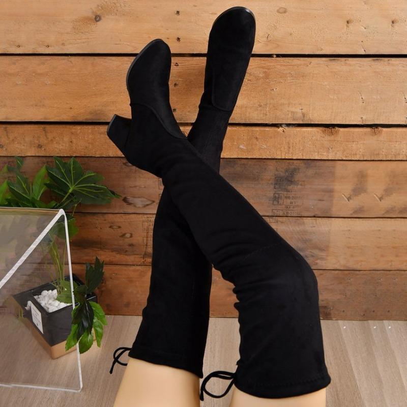Autumn and winter new large-size knee boots for women, thin elastic boots, high-heeled high boots, thick-heeled boots for women