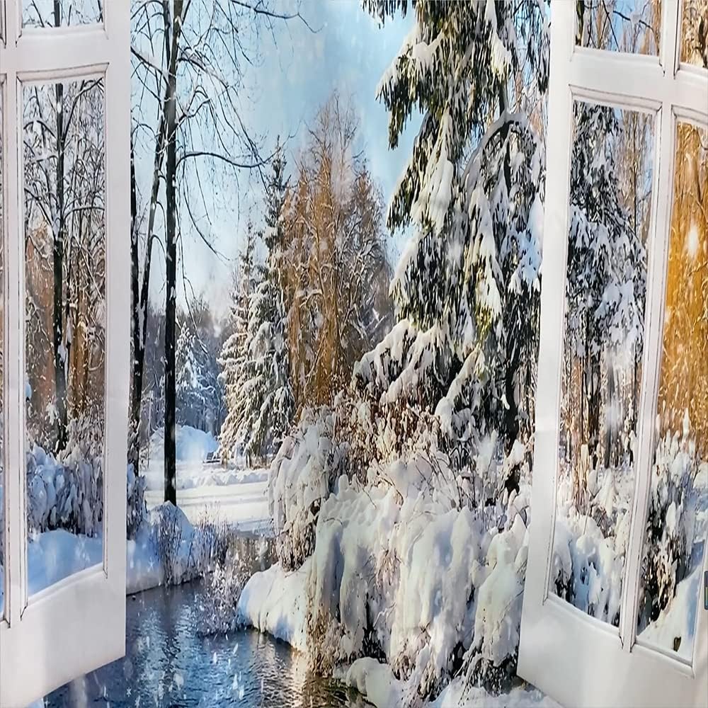 Winter Snow Scene Shower Curtain Christmas Snowflake World Forest Tree Pine Natural Scenery Wooden Window Xmas Holiday Blue