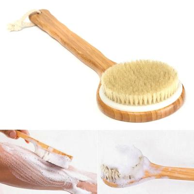 Escova de banho com cabo de madeira natural de 33 cm de comprimento, escova de banho para limpeza corporal e traseira, massageador, escova de banho, spa para pele, limpeza de chuveiro
