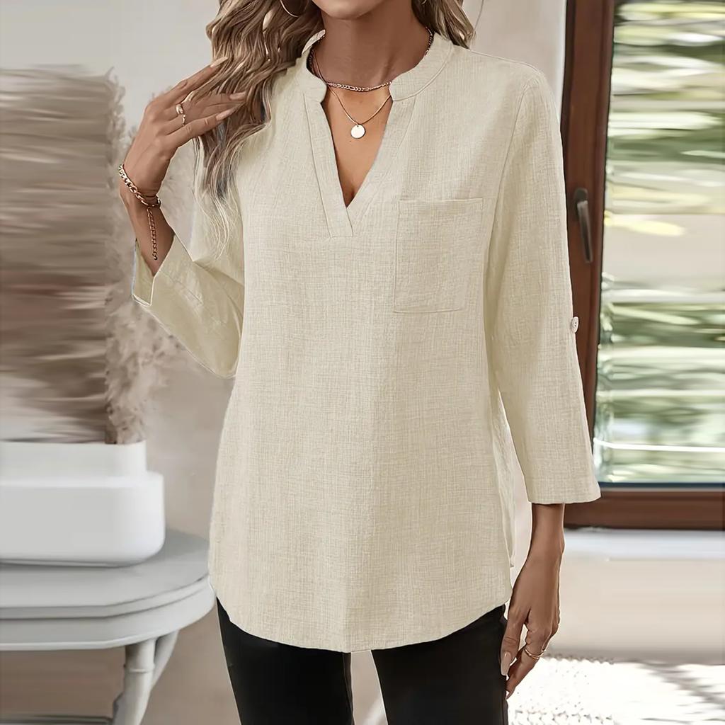 Women's Fashion Nine-minute Sleeve Cotton Linen Solid Colour Casual V-Neck Pocket Blouse Top
