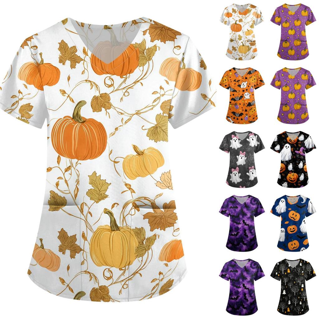 Womens Halloween Print Loose Fit V Neck Short Sleeve Medical Scrub Top Nurse Uniform with Pockets Lightweight Comfortable Workwear