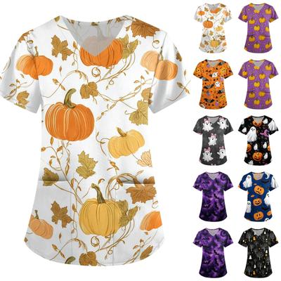 Top da lavoro medico con stampa di Halloween da donna, vestibilità ampia, scollo a V, manica corta, uniforme da infermiera con tasche, leggero, comodo