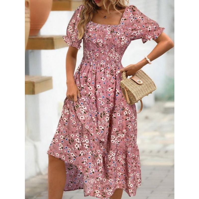 Women's Printed Square Neck Waisted Bubble Sleeve Layered Dresses