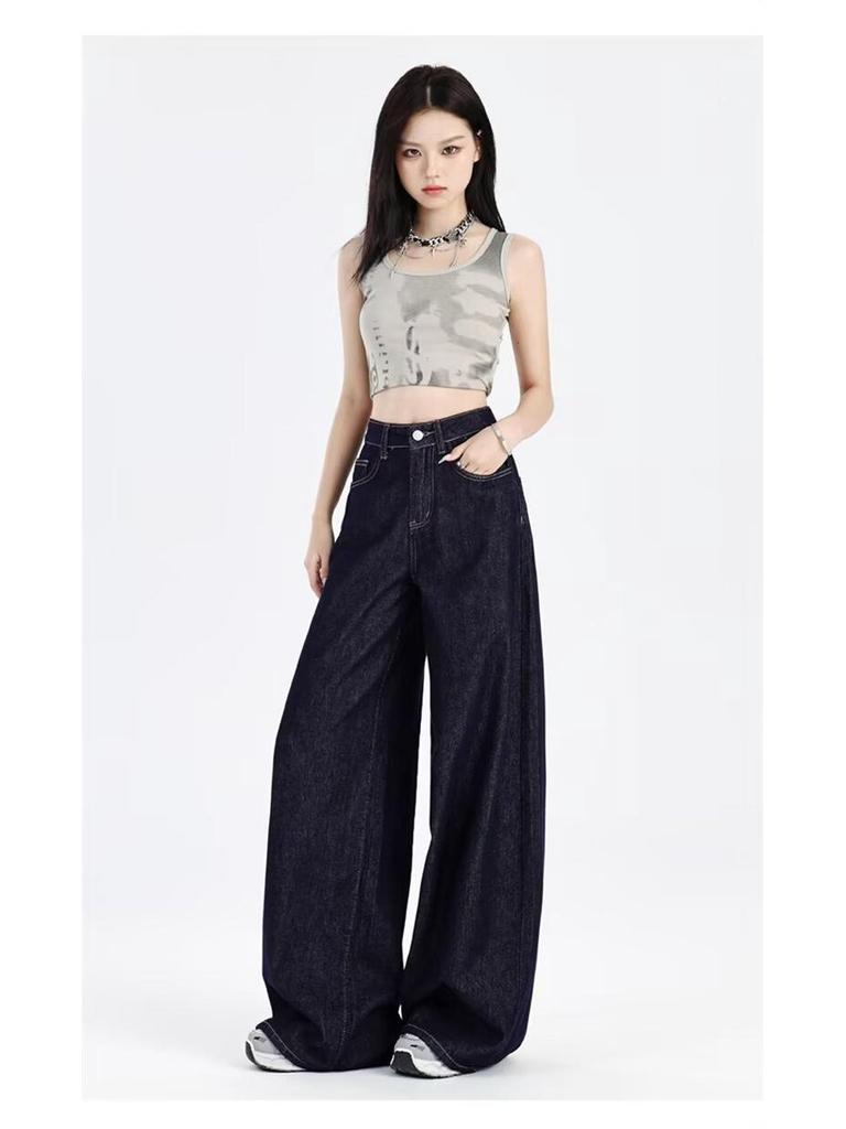 Women's American-Style Dark Blue Summer Jeans - Light, Straight-Leg, Loose Wide-Leg Pants