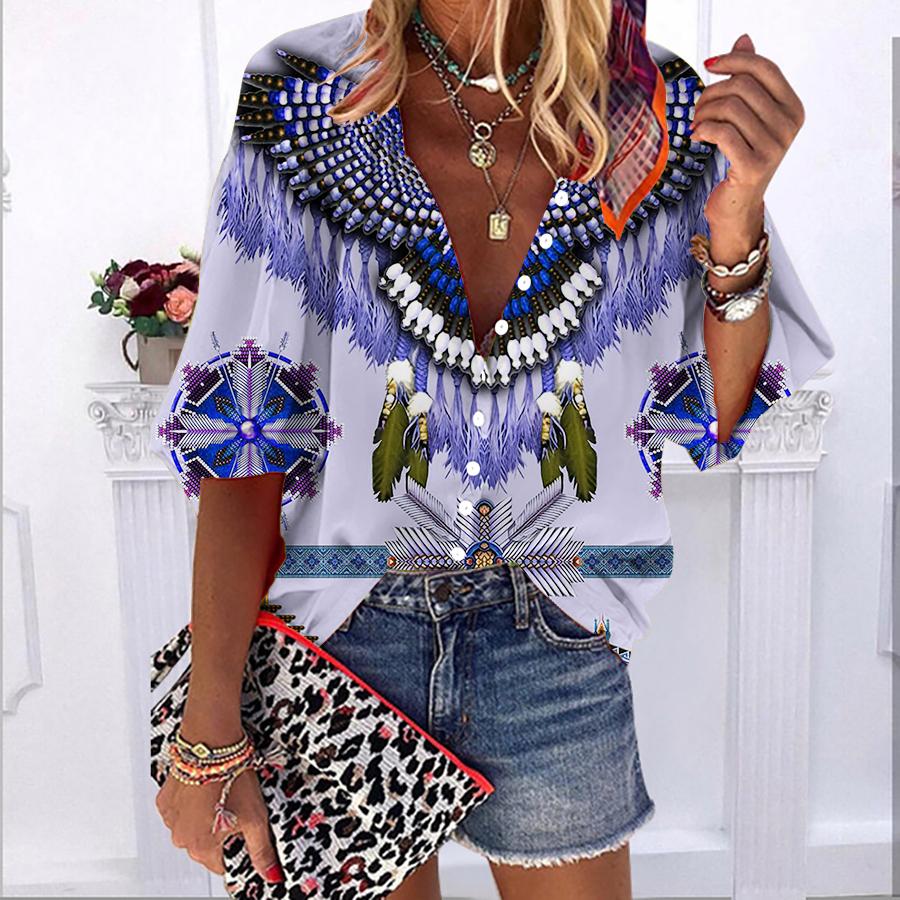 

2023 Summer Autumn New Fashion Women s Tops Eagle Wind Chimes Printed Half Sleeve Casual Plus Size Button-down Shirt with Bubble Sleeves