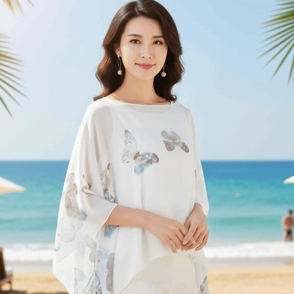 Breathable Thin Large Scarf with Buckle Seaside Vacation Cloak Sunscreen Butterfly Shawl  Gift