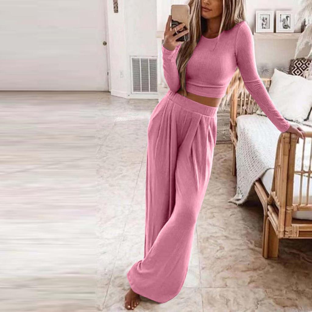 Women's Solid Color Knitted Casual Two-Piece Set - Autumn/Winter Collection