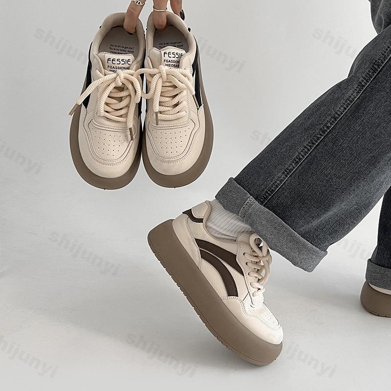 Women's Vintage Low Top Thick Sole Casual Sports Shoes  Autumn Concise Color Blocked Versatile Comfortable Platform Sneakers