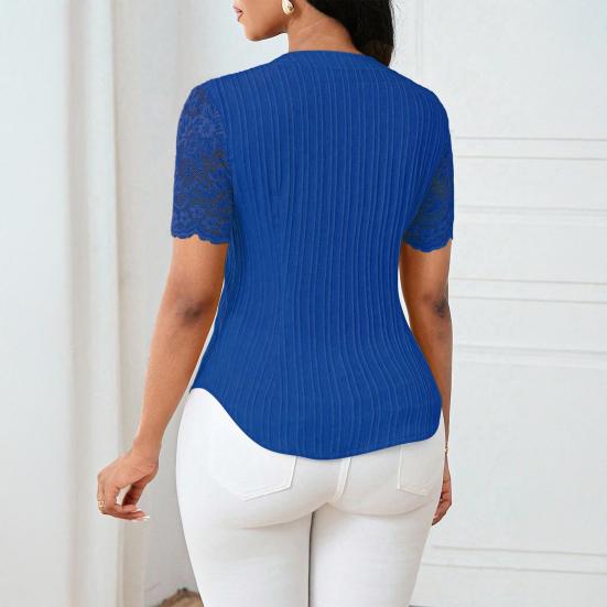 Women Tops V-Neck Short Sleeve Hollow Lace Splicing Design Shirt Tops Pure Color Slim