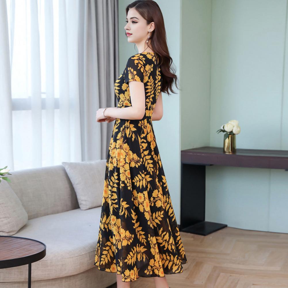 Women Midi Dress V-Neck Short Sleeve Waist Tight Flowy Hem Dress Leaf Printed Office Dress Leisure Party Wear