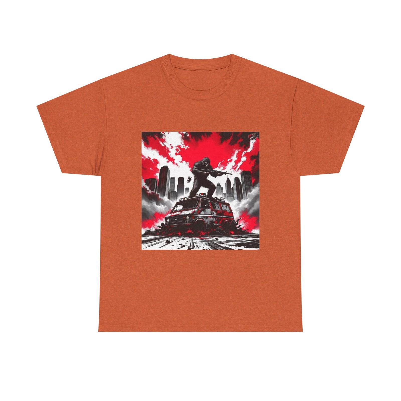 Bigfoot on War Torn Van Tee, Sasquatch Fantasy Art Unisex Shirt - Heavy Cotton M