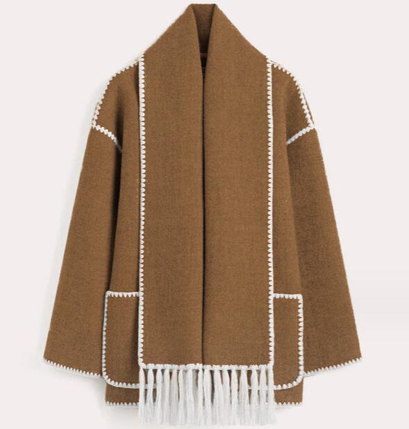 2023 Autumn/Winter Women's European and American Fashion Thick Woolen Coat with Tassel Scarf