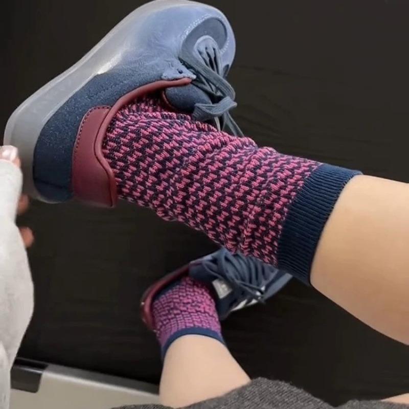 Retro Checkered Socks, Women's Striped Mid-calf Socks, Pile Socks