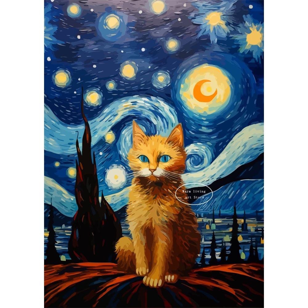 5D Diy Diamond Painting Cross Stitch Embroidery Mosaic Funny Black Cat Flower Van Gogh The Starry Night Full Round Drill Home Decor Wall Art Gift
