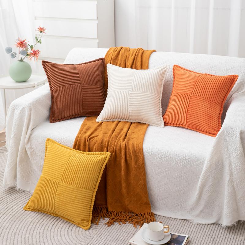 45X45Cm Solid Stripe Cross Embroidery Wide Edge Corduroy Square Cushion Sofa Throw Pillow Single Pillow Case