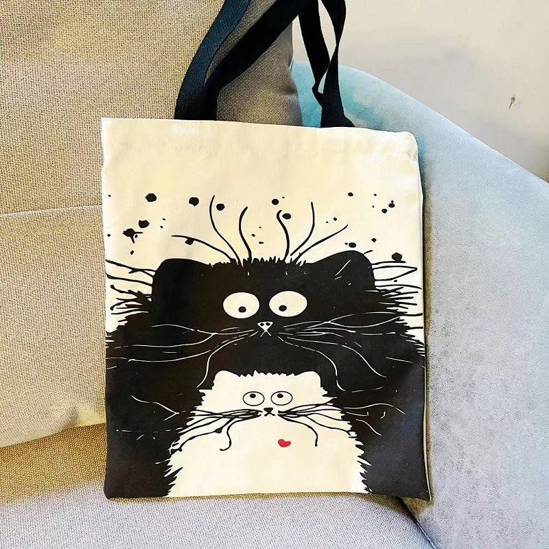 Customized Tote Shopping Bag Cute Cat Printing Women Handbag Linen Totes with Print Logo Casual Traveling Beach Bags