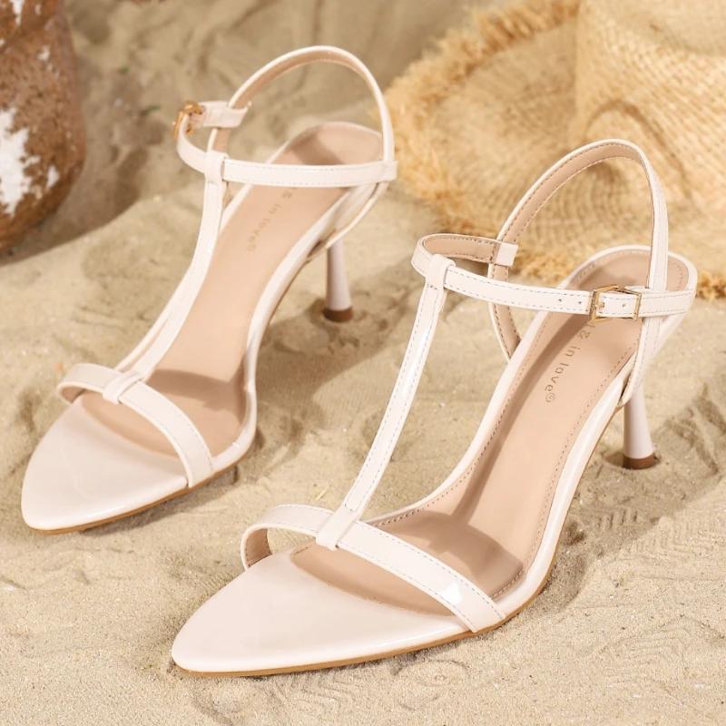 

Fashion Fashion T Strap High Heeled Sandals Women Summer Sexy Open Toe Ankle Buckle Design Brand Slide Sandals Elegant Party Dress Shoe 35 бежевый