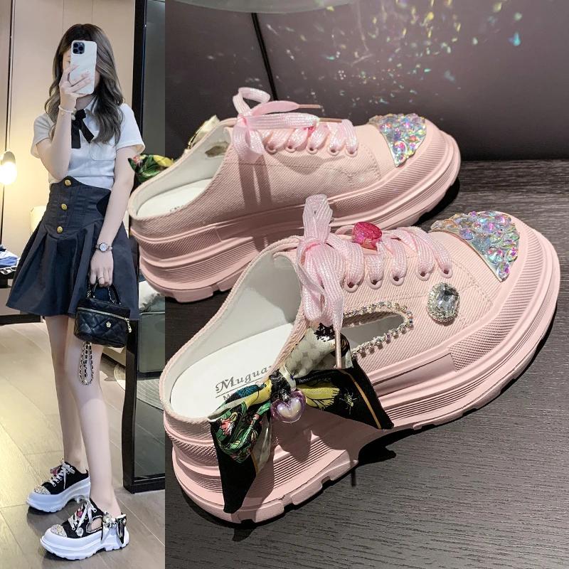 Fashion 2025 New Thick-soled Rhinestone Luxury Half Slippers Autumn Ladies Casual Breathable Sneakers Bow Knot Lovely Lolita Women Shoes