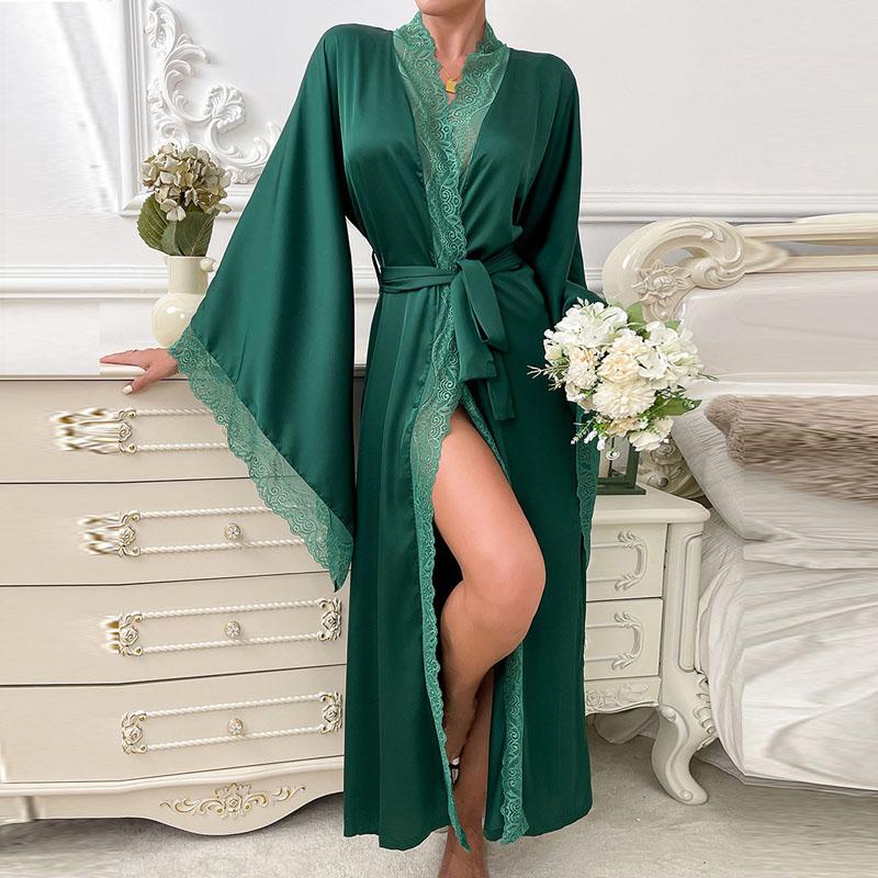Sexy Long Solid Lace Patchwork Silk Satin Bathrobe Women Flare Sleeve Loose Court Style Nightwear Lace Trim Robes Loungewear